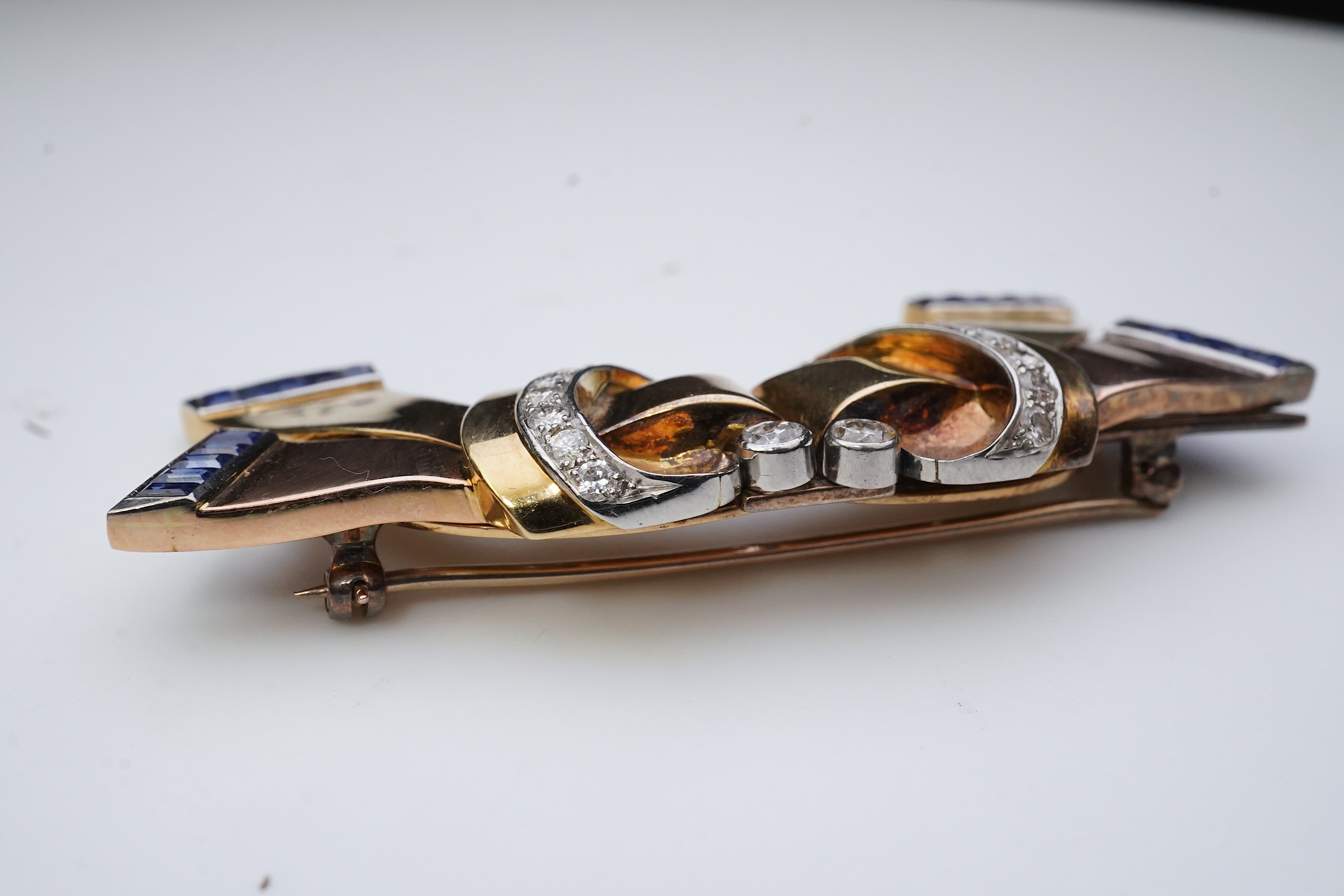 A Retro gold, sapphire and diamond double clip brooch, circa 1940